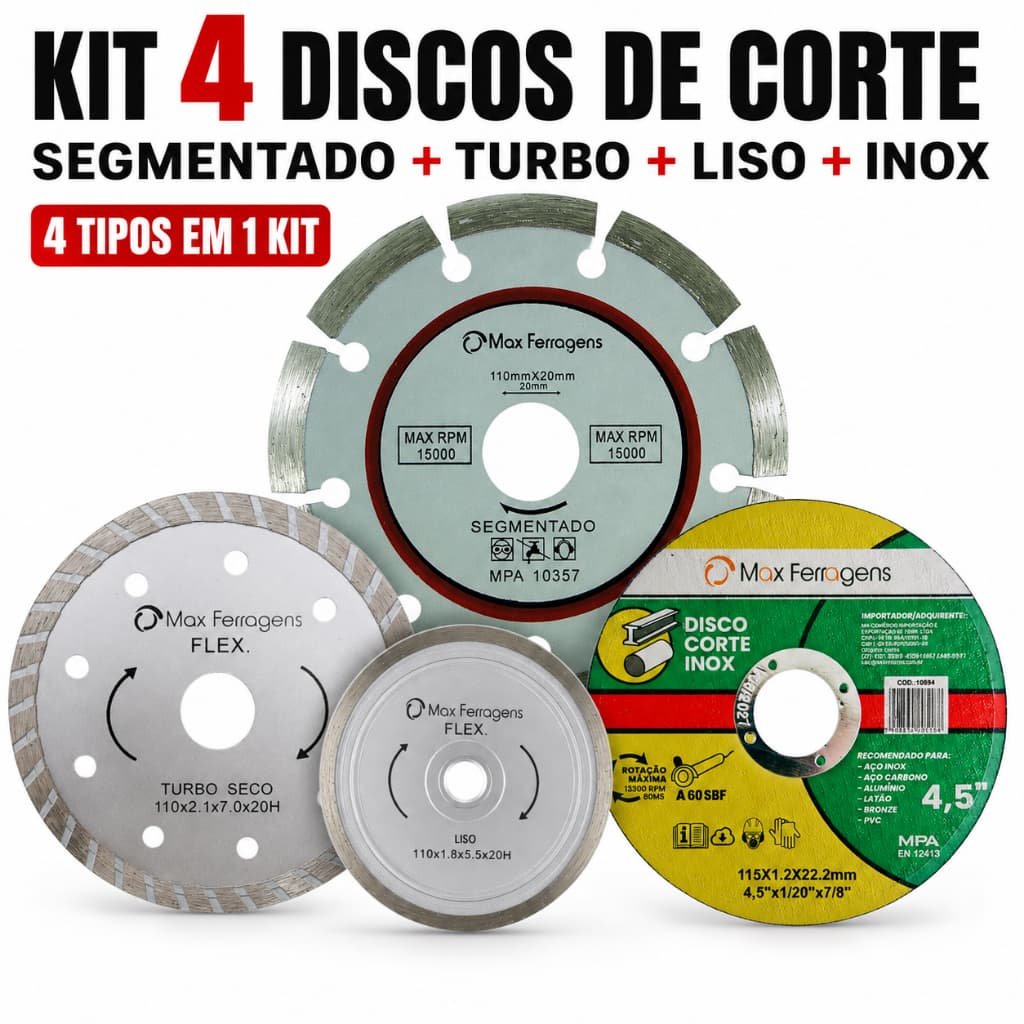 Jogo 4 Discos Diamantado! Disco De Corte Turbo/Liso/Segmentado/Inox