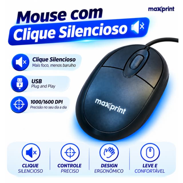 Mouse USB Óptico com fio 1200 DPI Luxo - Notebook ou PC  Windows ou Mac - Plugou Conectou