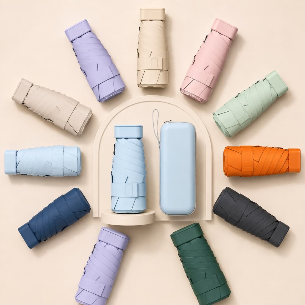 Mini Guarda-Chuva de Bolso UPF50+ Compacto para Sol e Chuva Ultraleve com Estojo 6 Varetas Anti UV