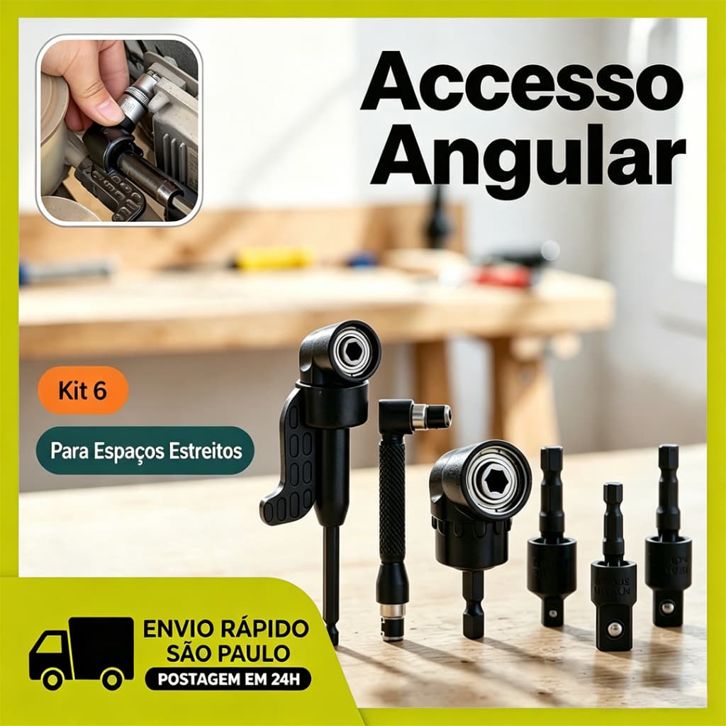 Kit Adaptadores 360° e Angulares 105° – 6 Peças com Broca 90°, Soquetes 1/4", 3/8", 1/2" – Reparos e DIY