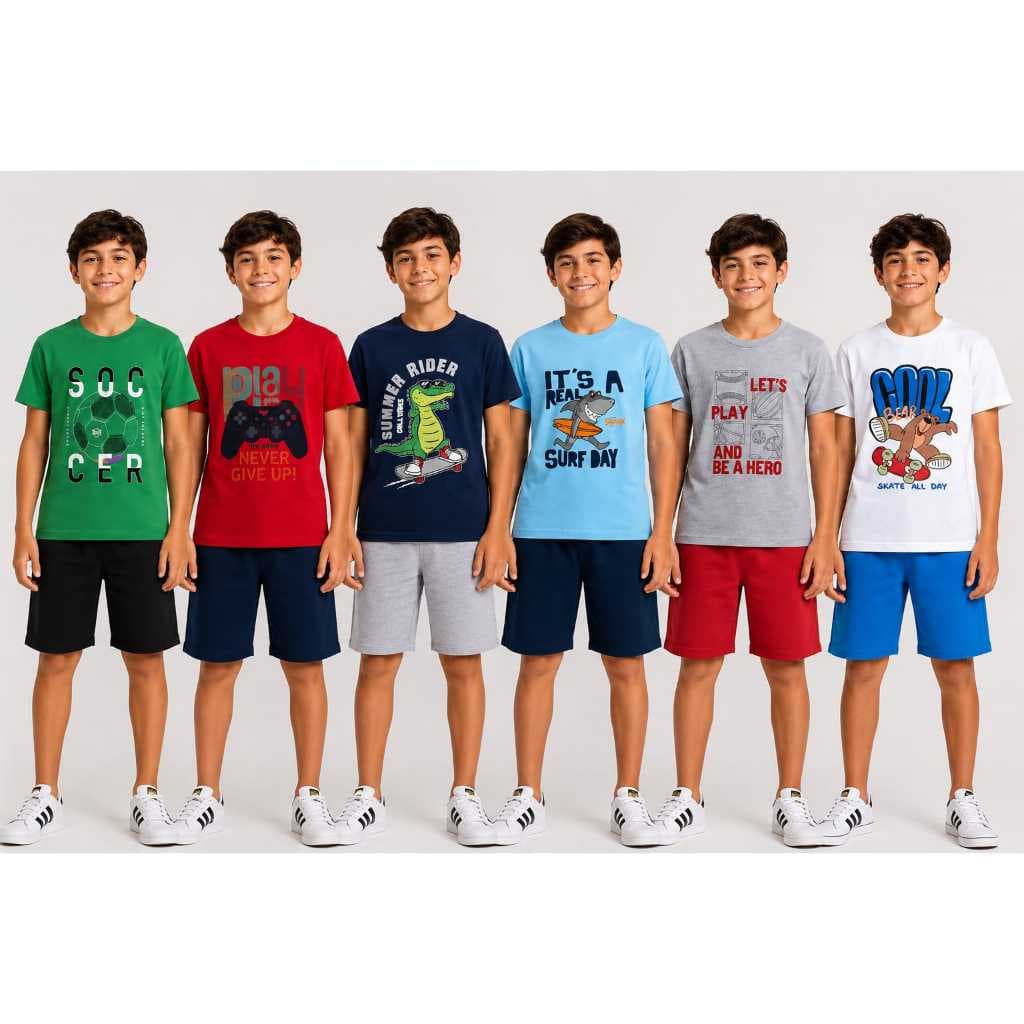 Kit 3 Conjuntos Infantil/Juvenil Masculino Verão Camiseta + Shorts Tam. 10 ao 16