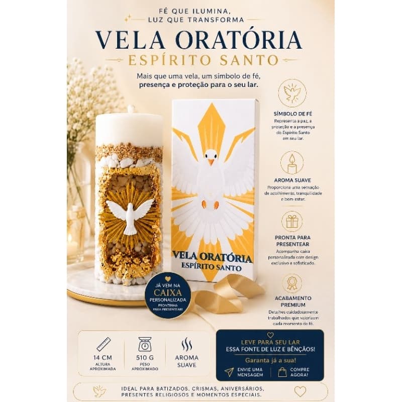 Vela Oratória Espírito Santo 14cm 510g com Caixa Personalizada | Vela Religiosa para Presente