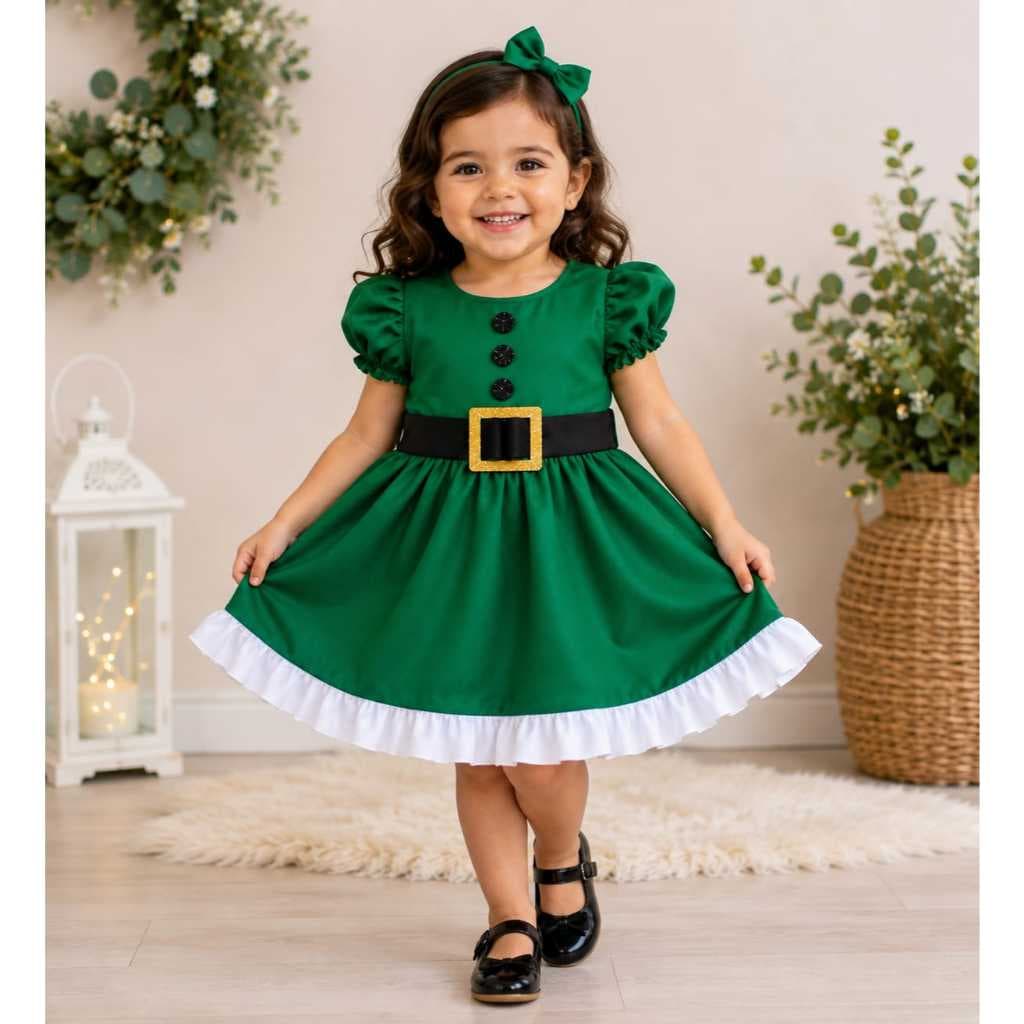 Vestido Natalino Infantil Menina e Bebê Festa Vermelho ou Verde com Cinto Preto Fivela Dourada 1 a 3 anos infantil