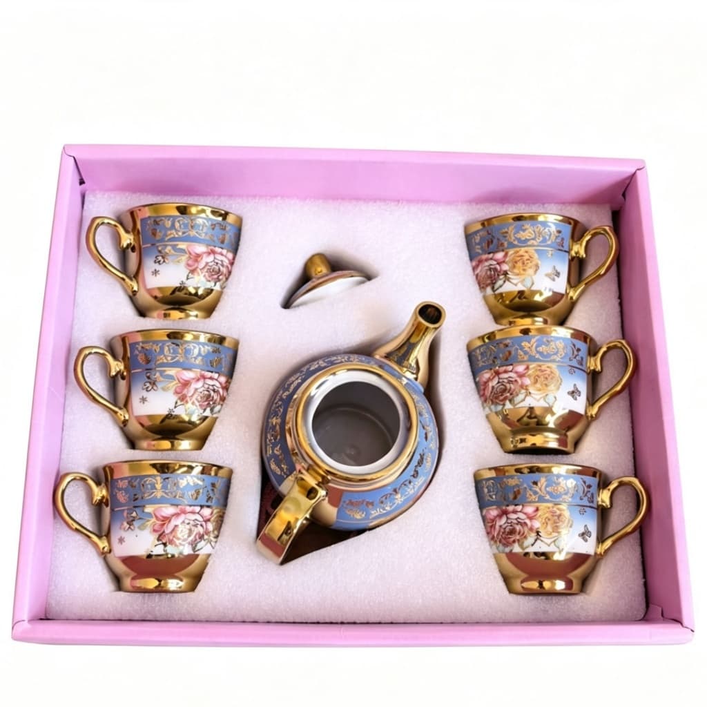 Kit Xícara de Café com Bule Porcelana Luxo Acabamento Dourado Floral Mega Top Conjunto Presente Decoração Doméstica