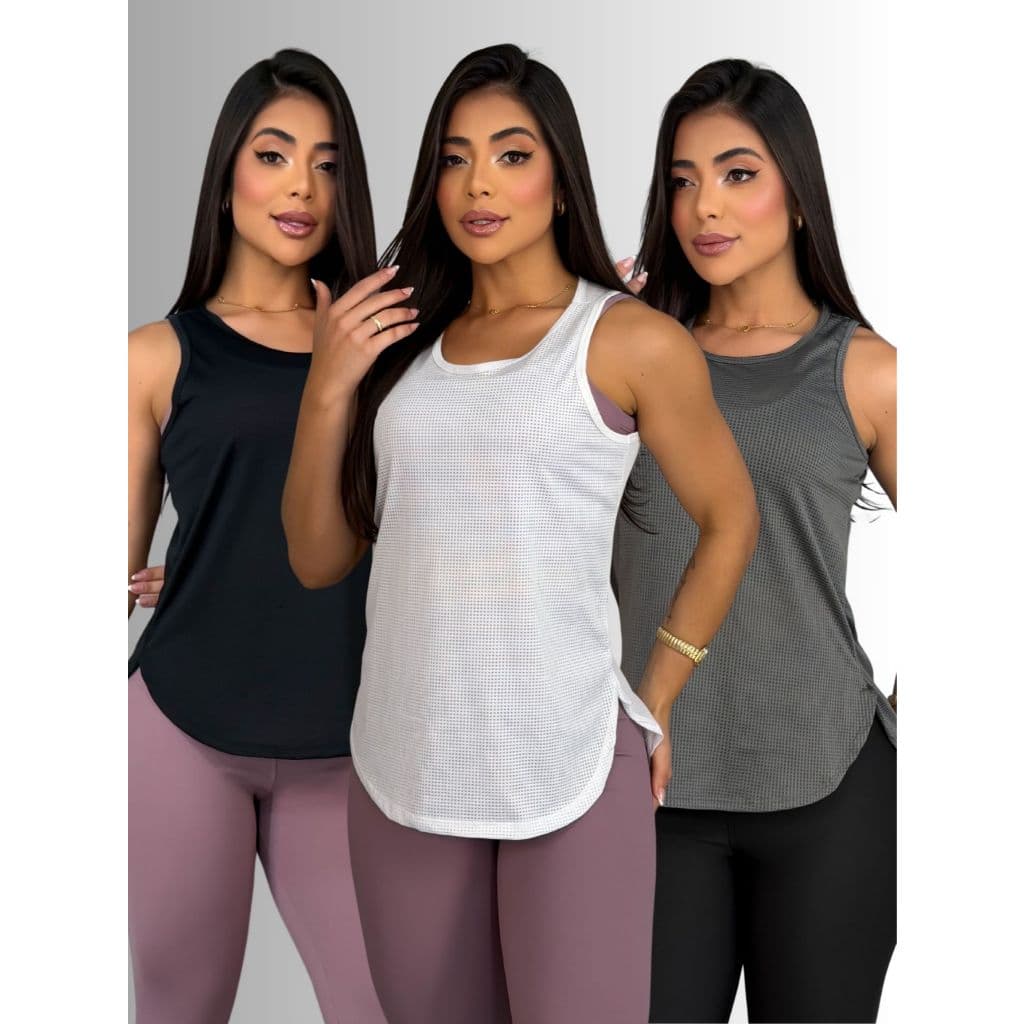 Kit 3 Camisetas Fitness Feminina Regata Cavada Dy Fit Blusa Treino Academia Básica