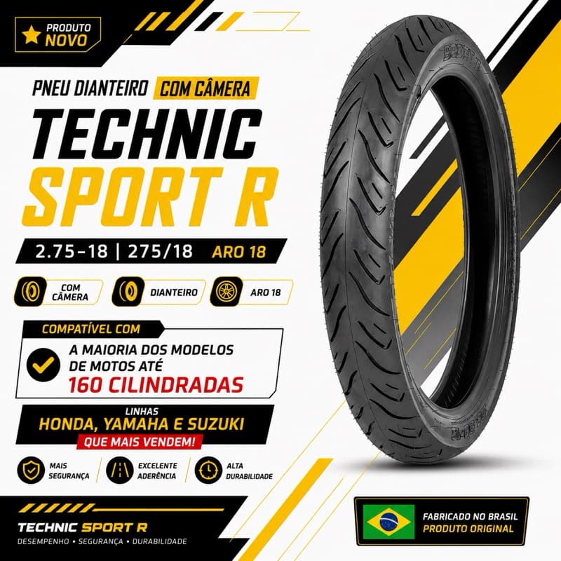 Pneu Moto Dianteiro Technic 2.75-18 Sport R Cg 125 Cg 150 Cg160 Titan Fan YBR Aro 18 Com camara