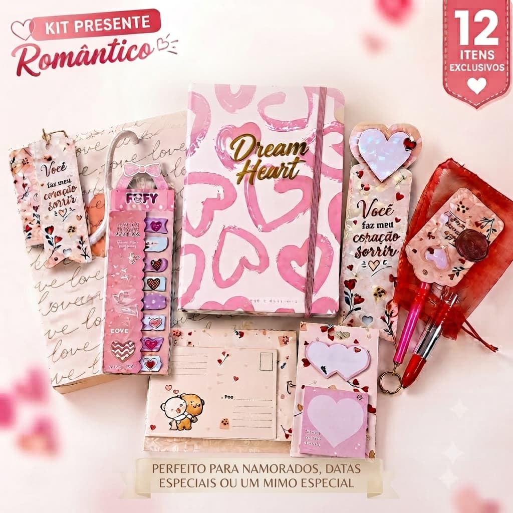 ​Kit Presente Romântico 12 Itens Caderno A5 Planner Canetas Marcador Página Papelaria Fofa Coração kawaii