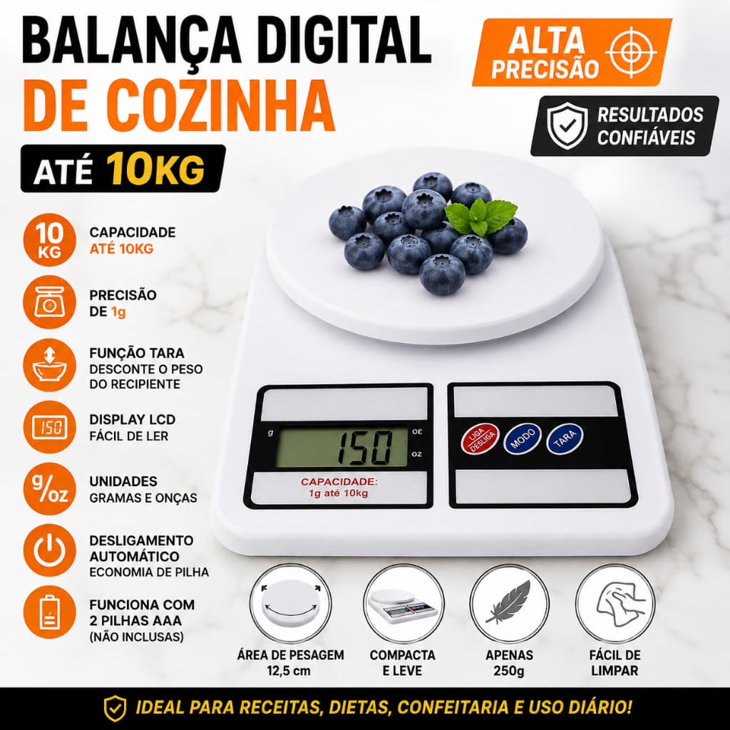 Balança Digital de Cozinha 10kg Alta Precisão LCD Tara Gramas e Onças Branca