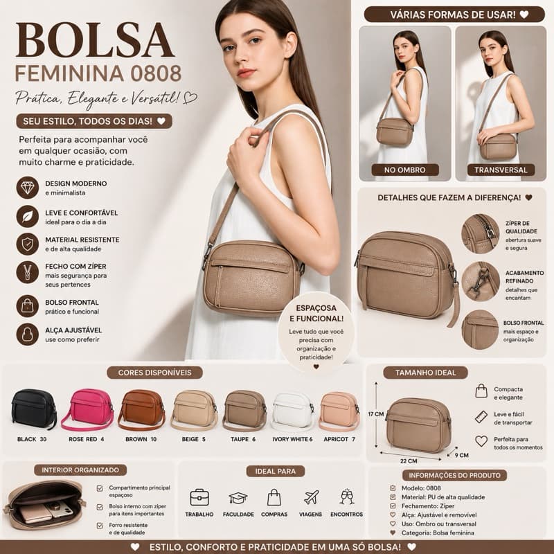 Bolsa Feminina Transversal Compacta com Alça Ajustável, Zíper e Bolso Frontal – Casual e Elegante 0808
