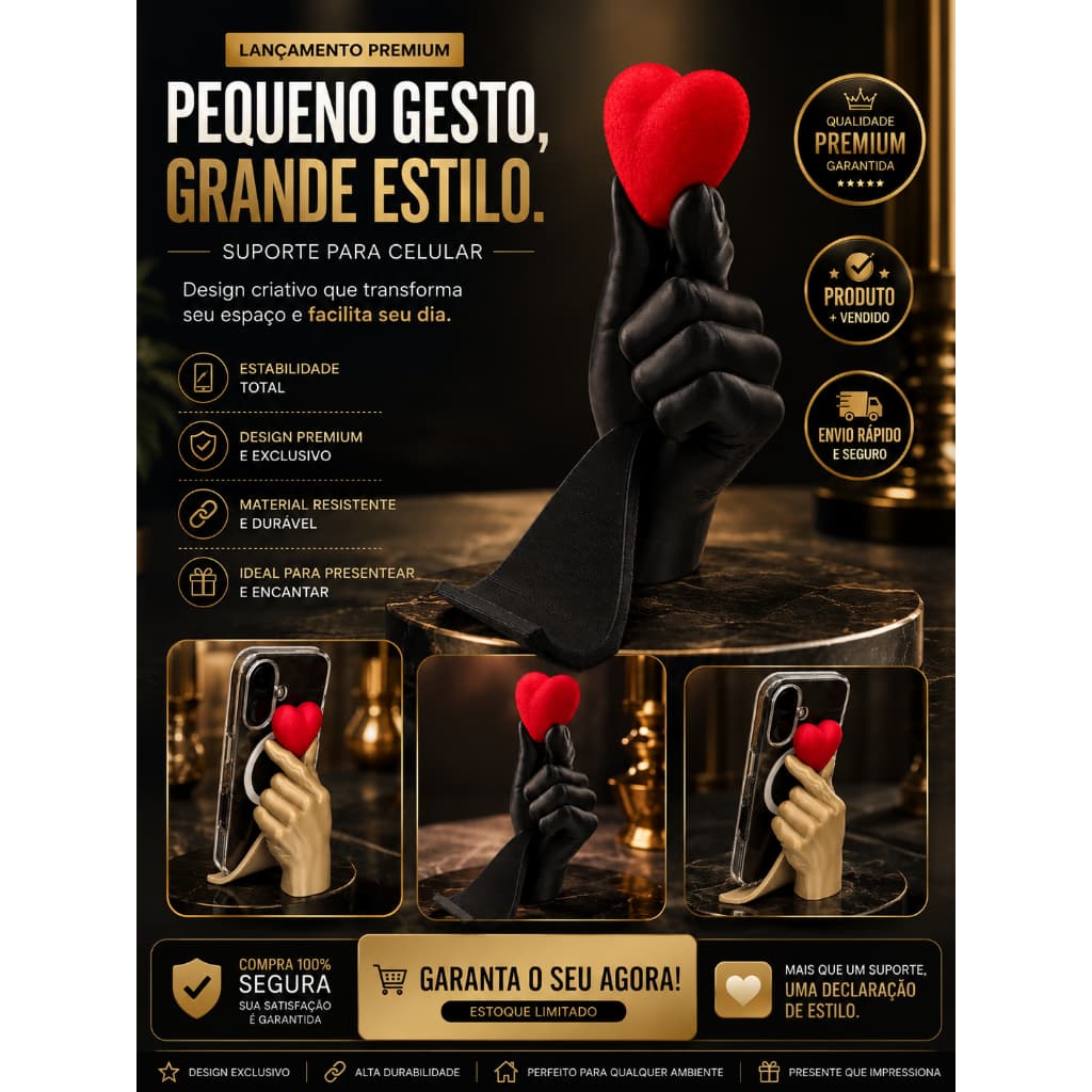 Suporte de Celular Mãozinha Coreana Finger Heart Decorativo | Suporte para Smartphone de Mesa | Iphone Android