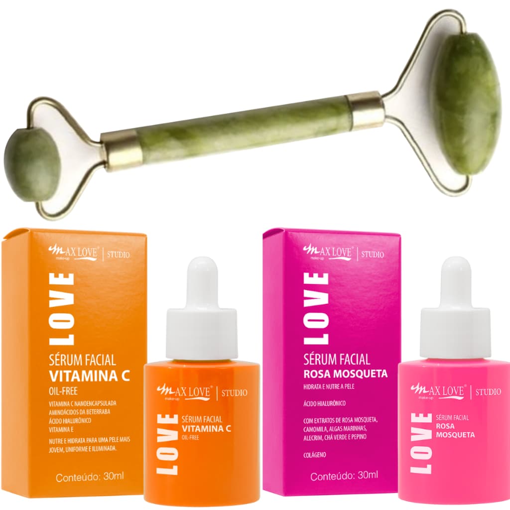 Kit Skin Care Tratamento Rolo de Jade Facial Niacinamida Vitamina C Rosa Mosqueta Anti Acne e Manchas