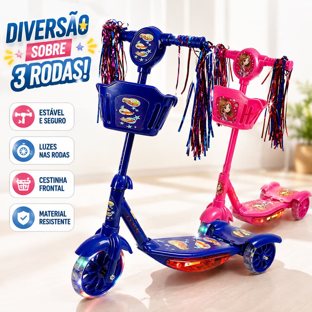 Patinete Infantil 3 Rodas Dobrável com Luz, Som e Cestinha Rosa ou Azul