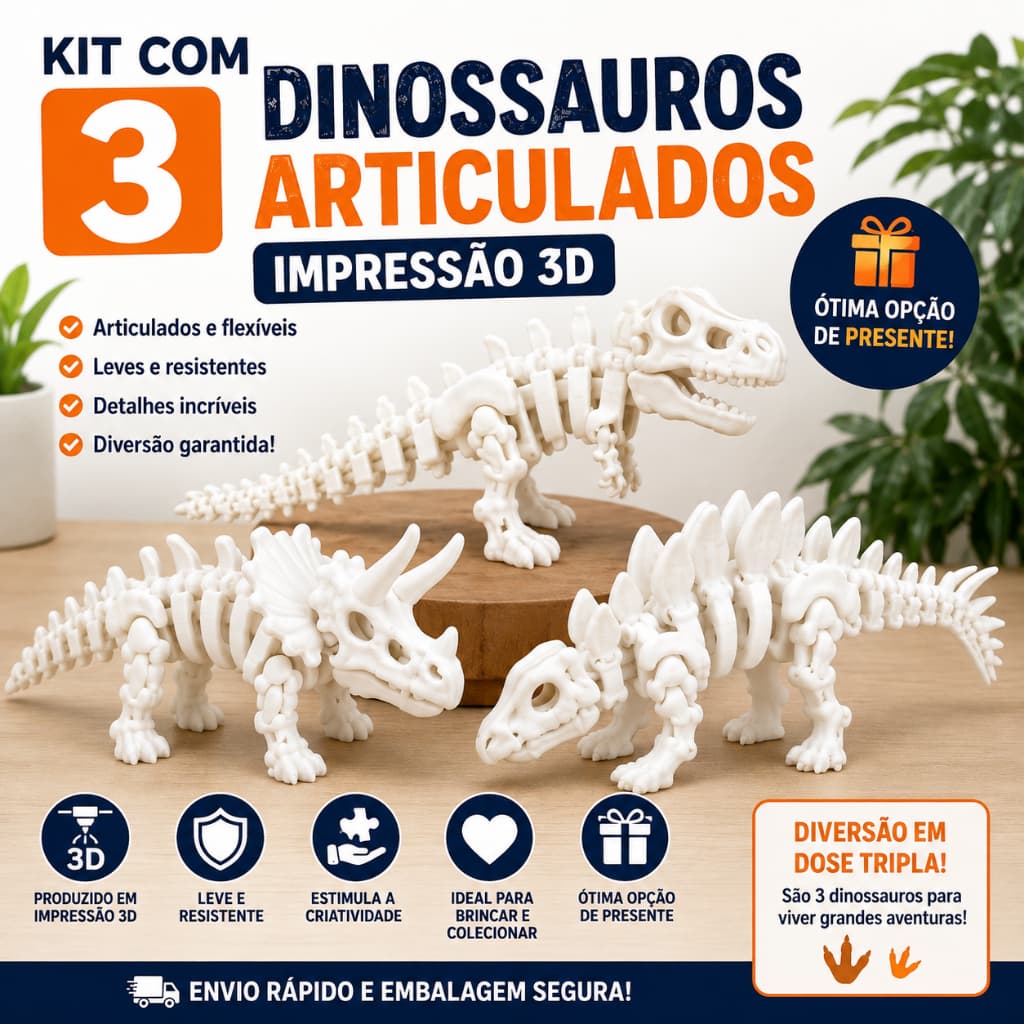 Kit 3 Dinossauros Articulados 3D Brinquedo Infantil Educativo Sensorial – Presente para Crianças