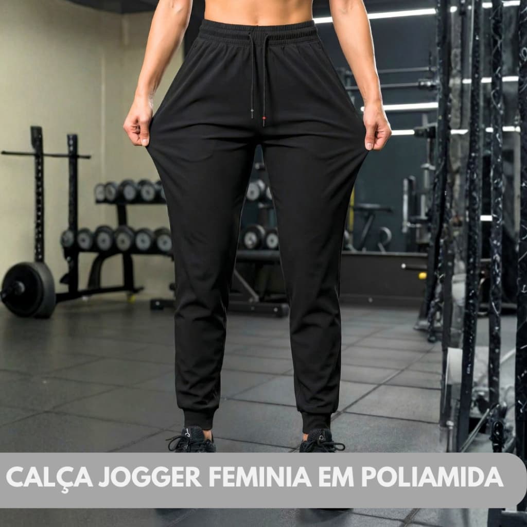 Calça Jogger Feminina com Bolso e Fitas Esportiva Poliamida para uso Academia Casual