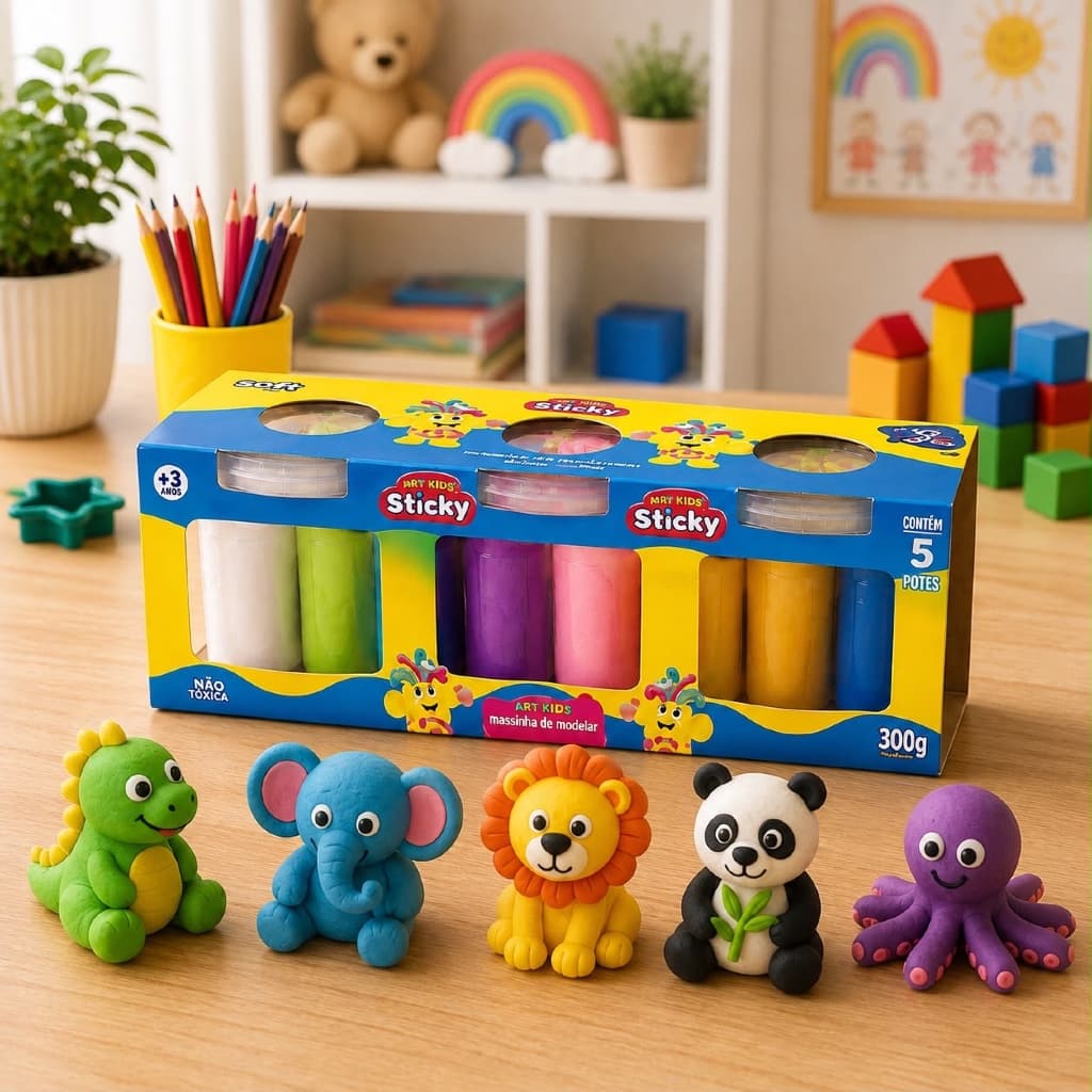Kit 3 Massinhas de Modelar Infantil 15 Unidades 75g Coloridas Sortidas Brinquedo Criativo +3 Anos