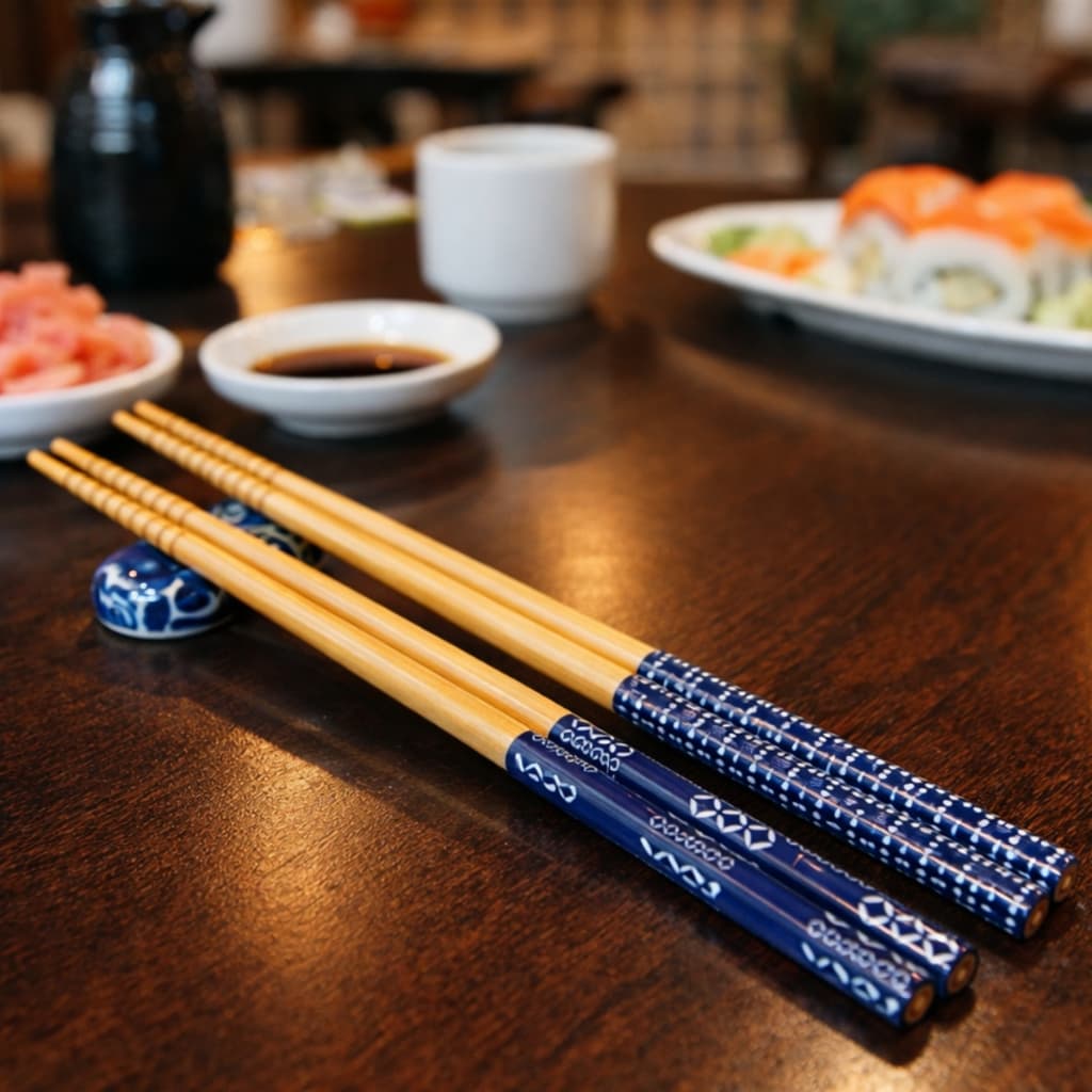 Jogo 2 Pares Hashi Japonês Em Bambu C/ Descanso Porcelana Elegante e clássico