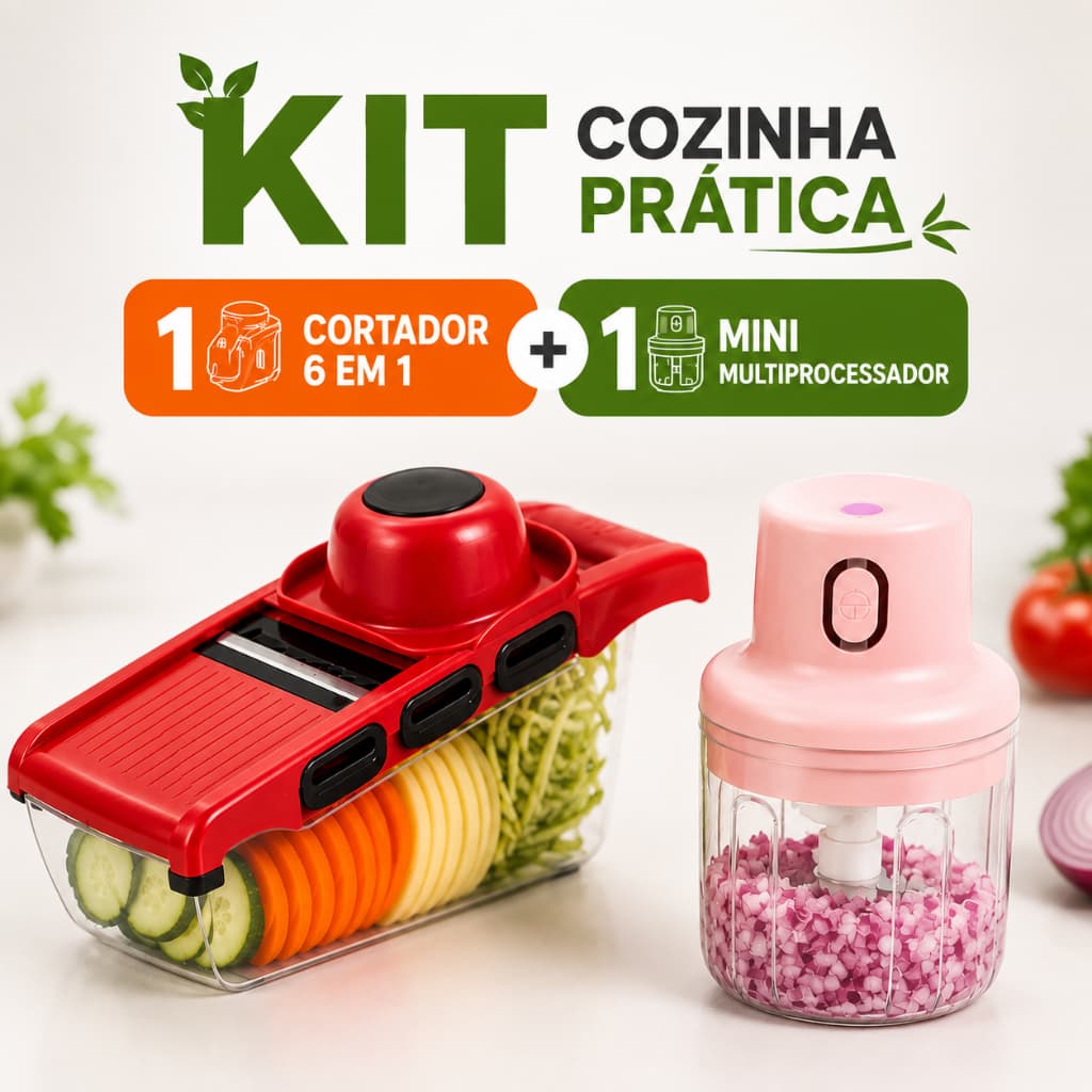 Kit Cortador de Legumes 6 em 1 Fatiador Ralador + Mini Processador Triturador Elétrico USB 250ml