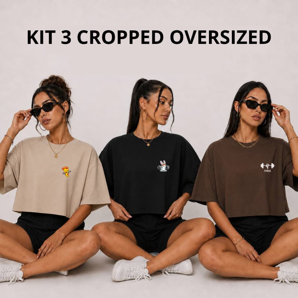 Kit 3 Cropped Oversized Estampado Academia 100% Algodão
