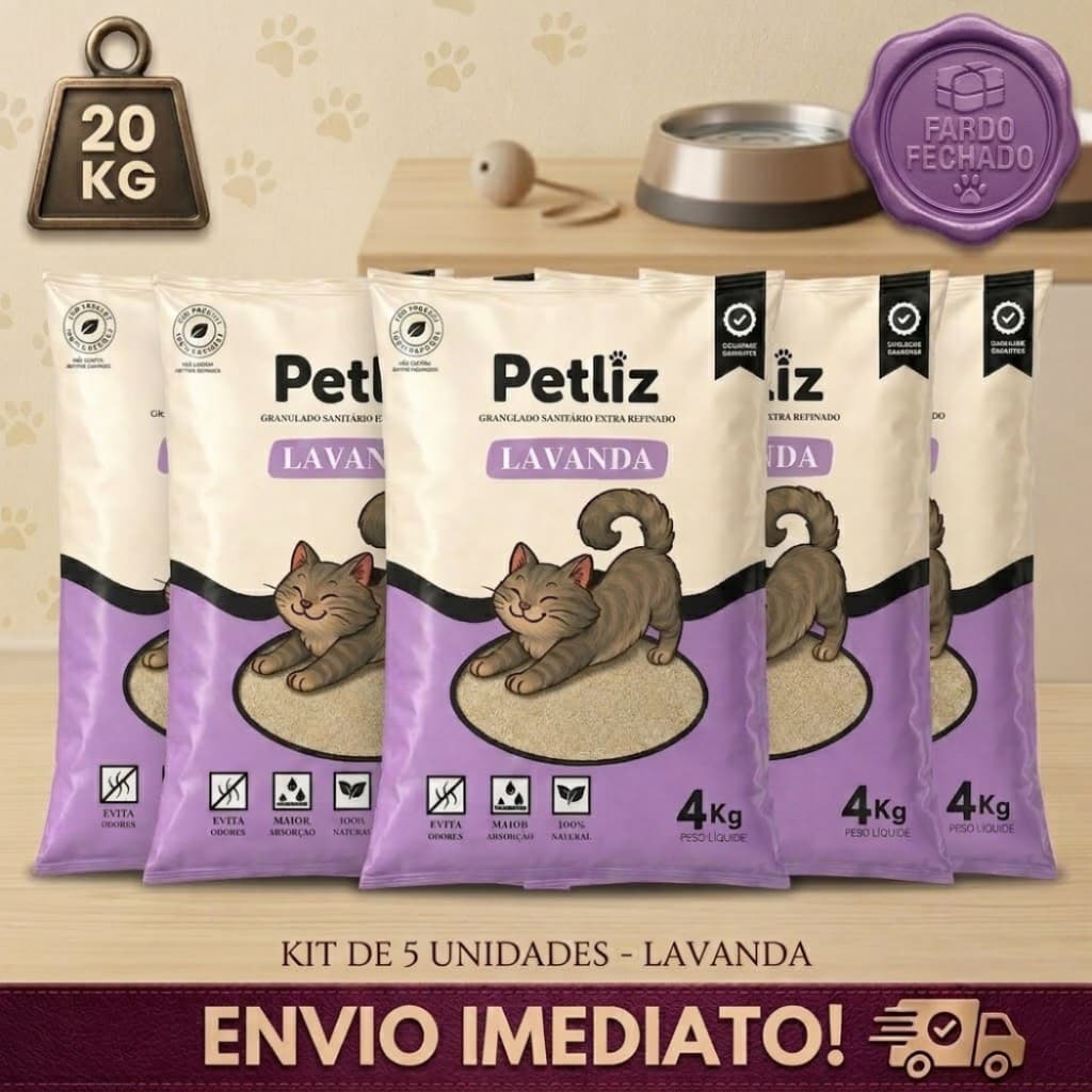 Kit 5 Areia Sanitária Higiênica para Gatos Granulado Fino Médio Aroma Lavanda - Petliz