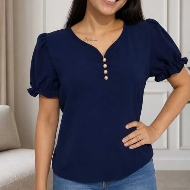 Blusa Feminina Manga Buffante Social Botão Casual Básica dia a dia