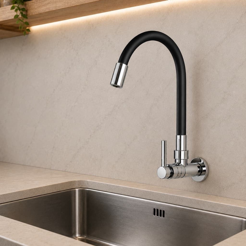 Torneira De Parede Cozinha 1078 Tubo Flexível Silicone Com Arejador Giro 360°