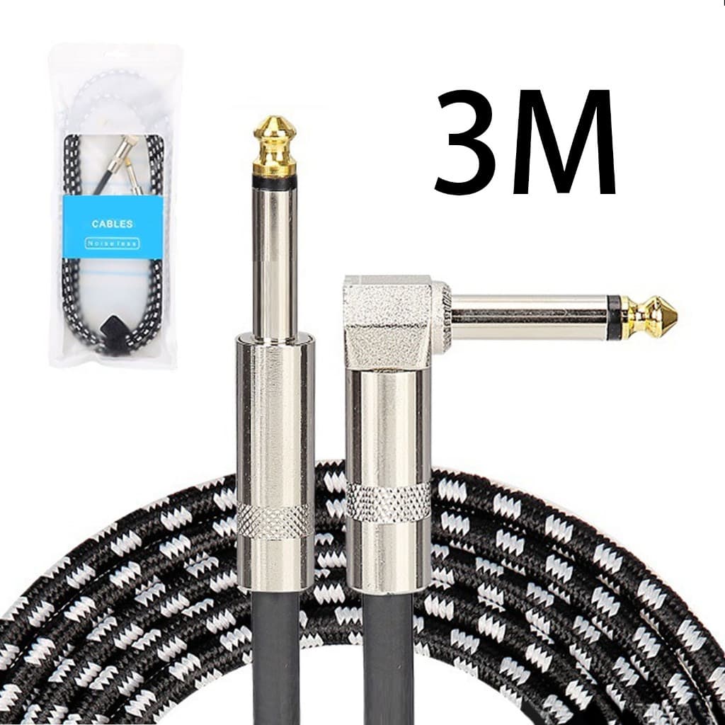 Cabo P10 P10 3m Têxtil Preto e Branco – Para Guitarra, Baixo, Violão – Blindado com Reforço