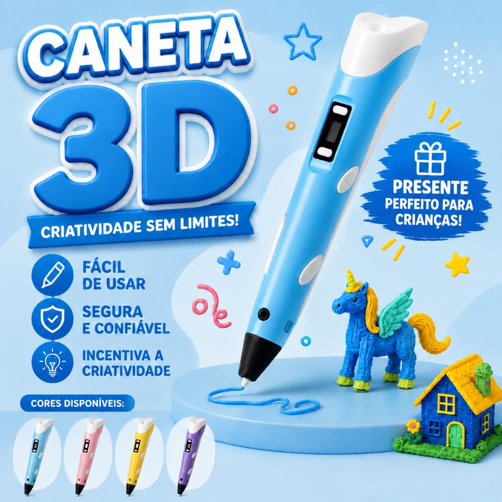 Caneta 3D Impressora com Visor LED + Kit 10M Filamento PLA Brinquedo Educativo Criativo