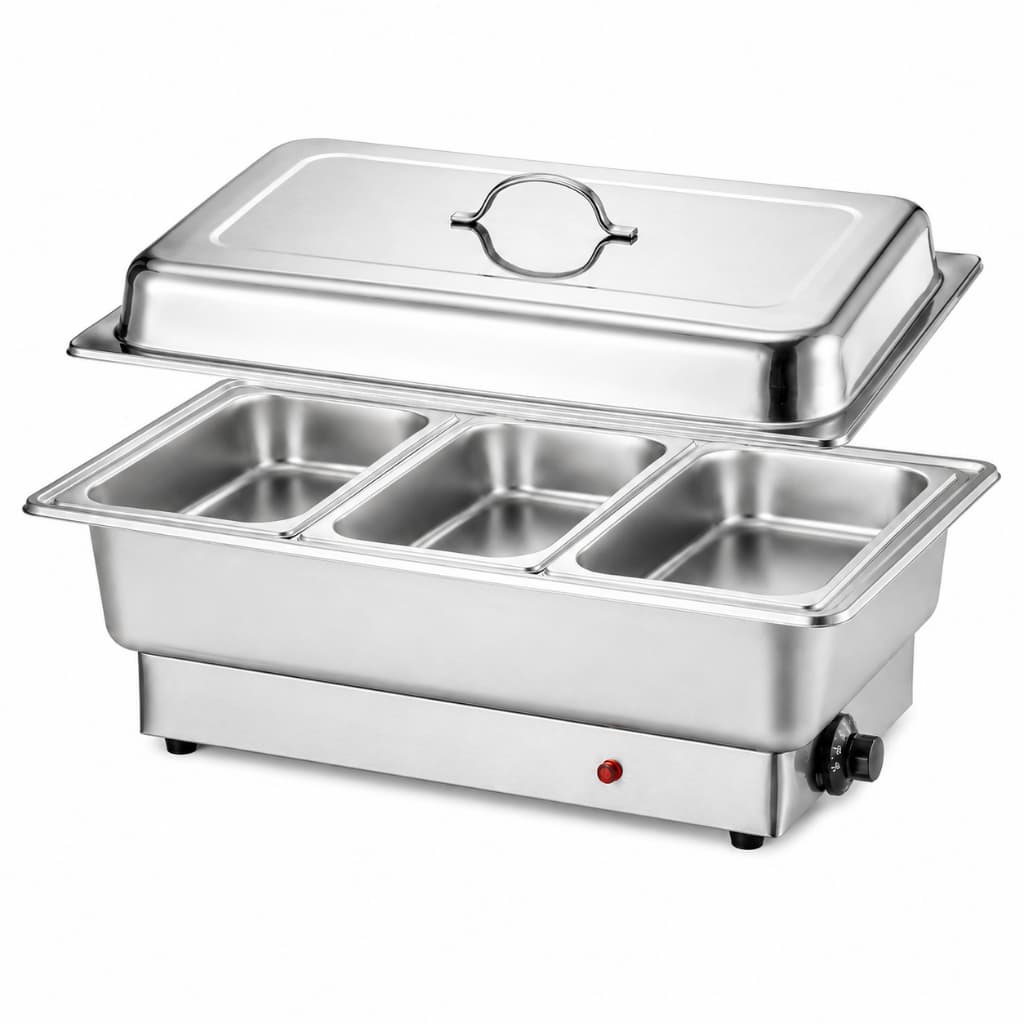 Rechaud Elétrico Buffet 12 Litros Inox 110V com 3 Cubas Banho Maria para Festas, Eventos e Restaurantes