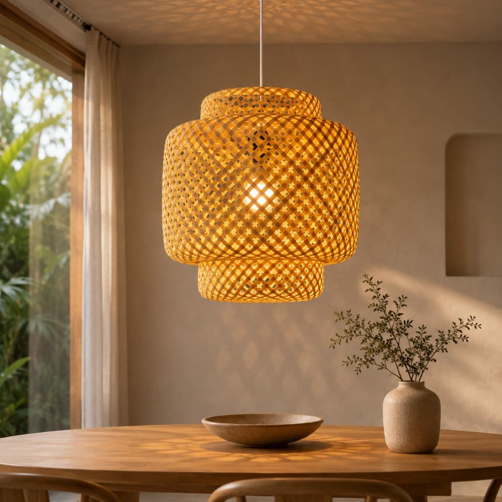 Luminária de Teto 35cm Lustre Pendente Bambu Cayman Rústico Fio Branco Fibra Natural Sala Cozinha