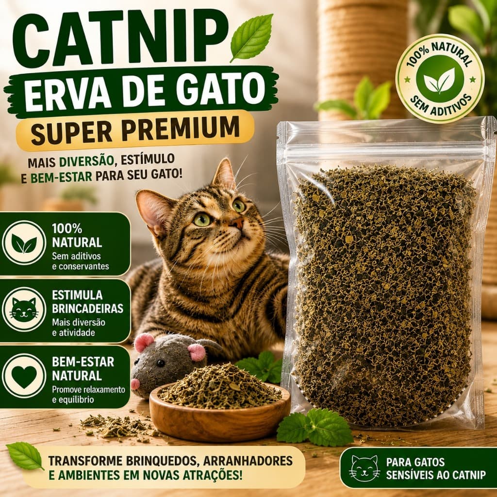 Catnip Erva de Gato Natural Premium Para Brinquedos Arranhadores Relaxamento Diversão para Felinos