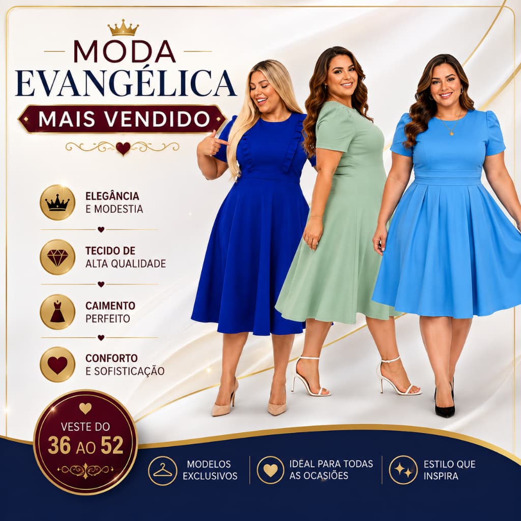 Vestido Moda Evangélica Comportado Plus Size Midi Vestido Moda Evangélica Tendência 2026 Elegânte e Modesto