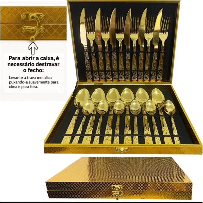 Jogo Talheres 24 Peças Faqueiro Dourado Ou Prateado Aço Inox Premium Luxo cozinha Com Maleta De Brinde Rica Em Detalhes