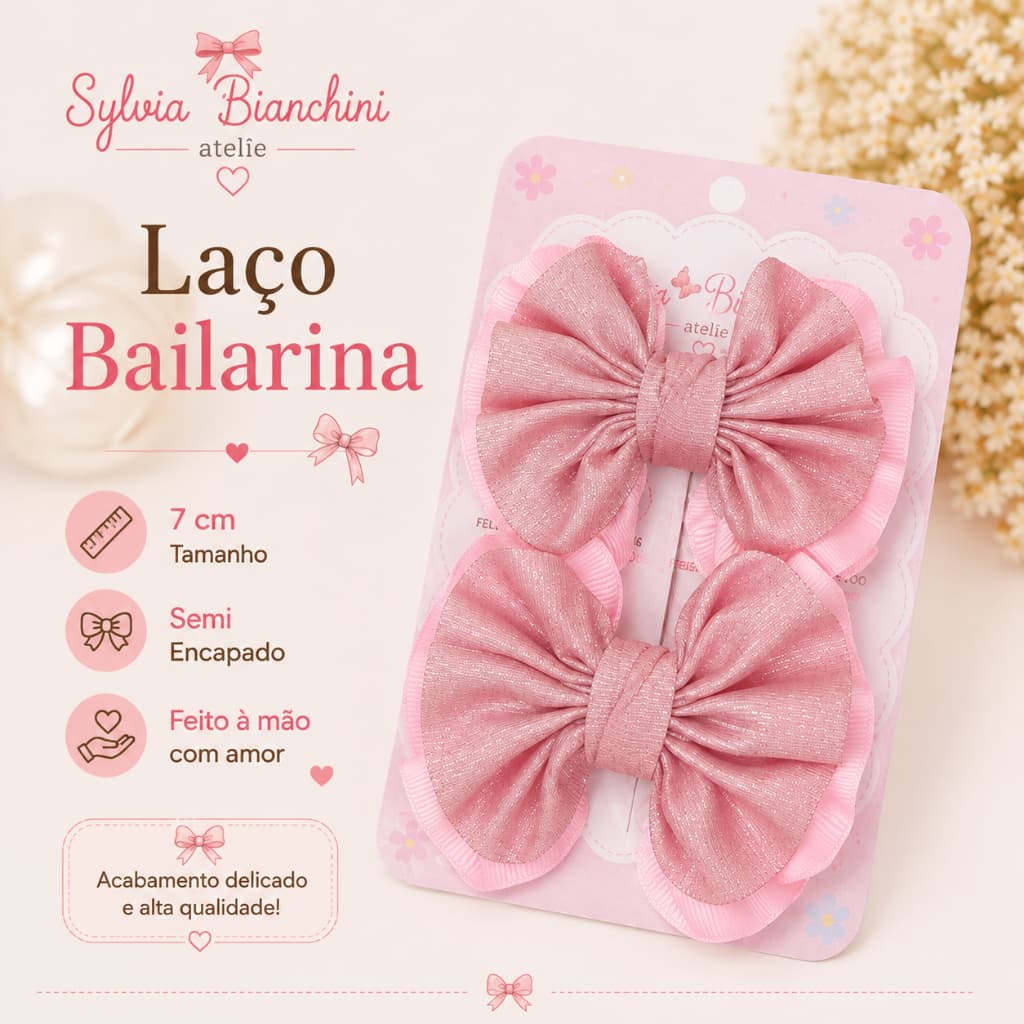 Kit 2 Laços Infantil Bailarina 7cm Rosa Menina Bico de Pato Semi Encapado