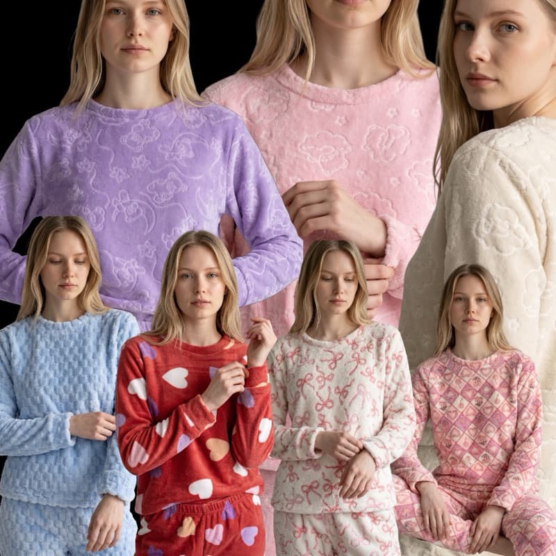 Pijama feminino Inverno fleece Calça e Camisa Manga Longa cores aleatoriamente