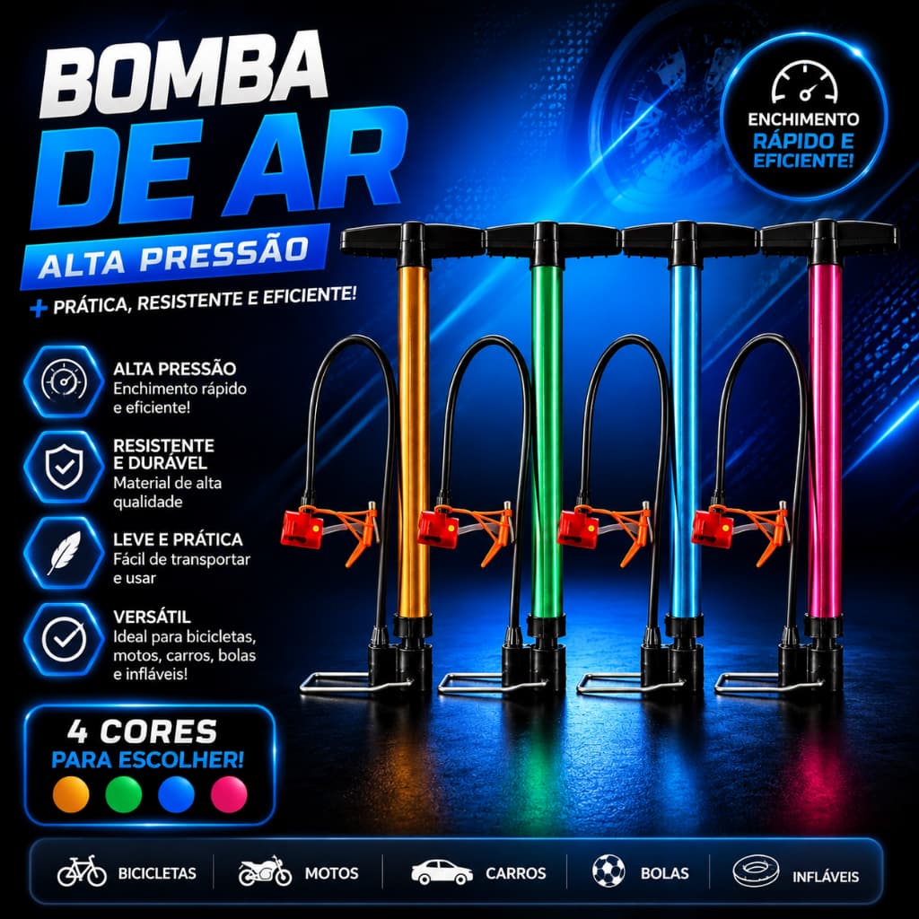 Bomba de Ar Manual Alta Pressão para Pneus e Infláveis 30cm