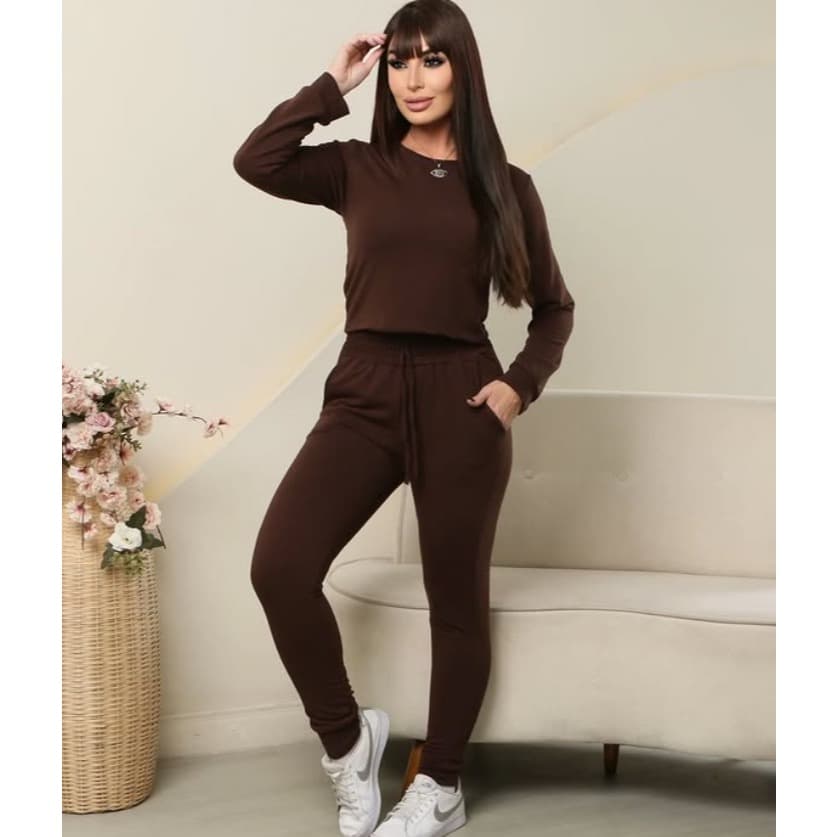 Conjunto Feminino Calça Jogger Skinny Cropped Manga Longa Tecido Moletinho Tendencia Moda Feminina
