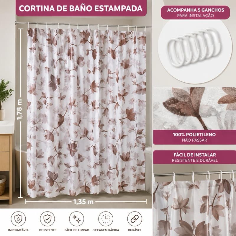 Cortina para Box para Banheiro estampa com Ganchos Cortina 1,35x1,78