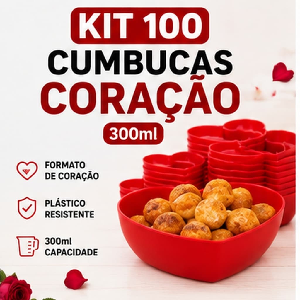 Kit 100 Cumbucas Coração 300ml Petisqueira Festa Sobremesa Vermelha