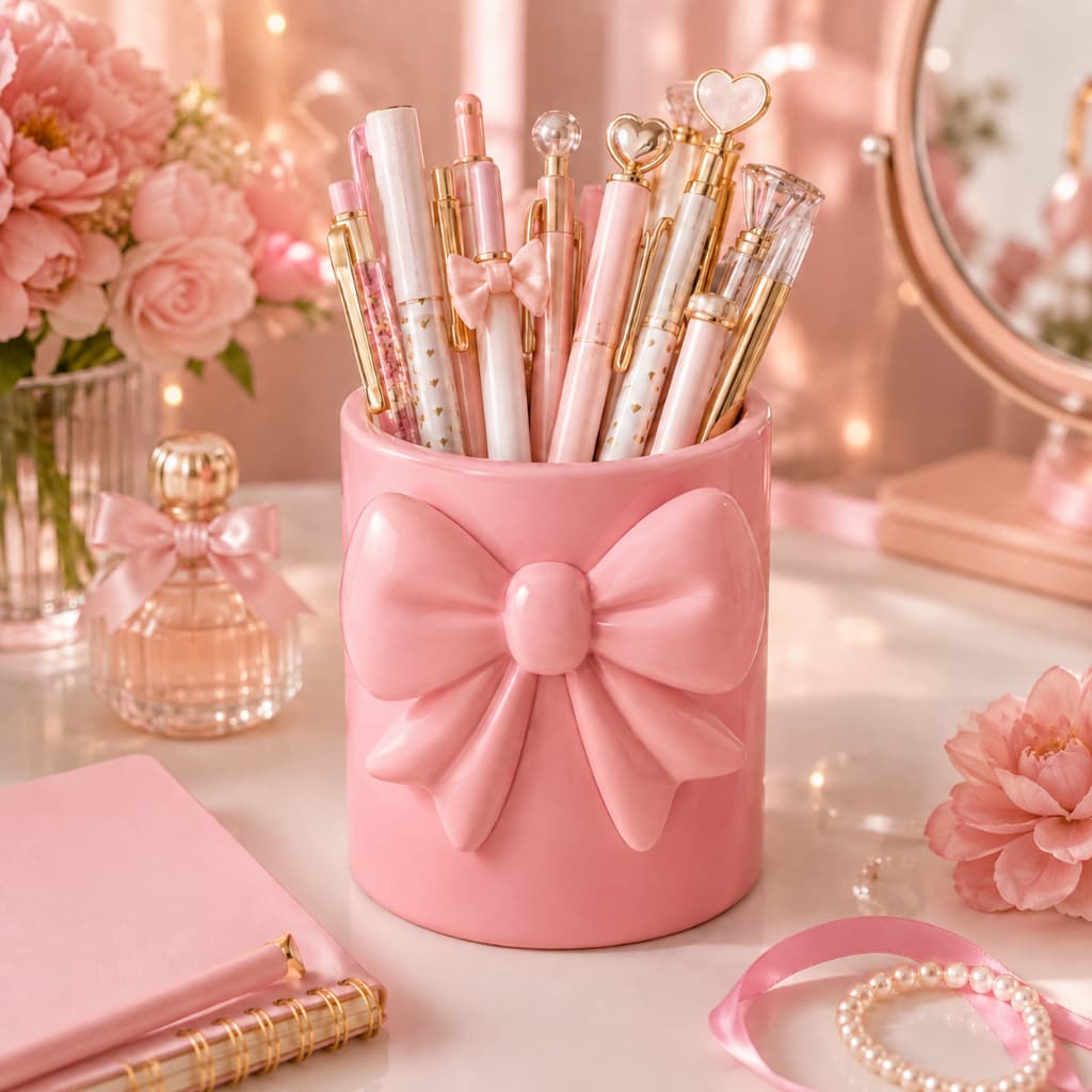Organizador Pincel Maquiagem Rosa com Laço Organizador de Cosméticos e Acessórios para Penteadeira Feminina