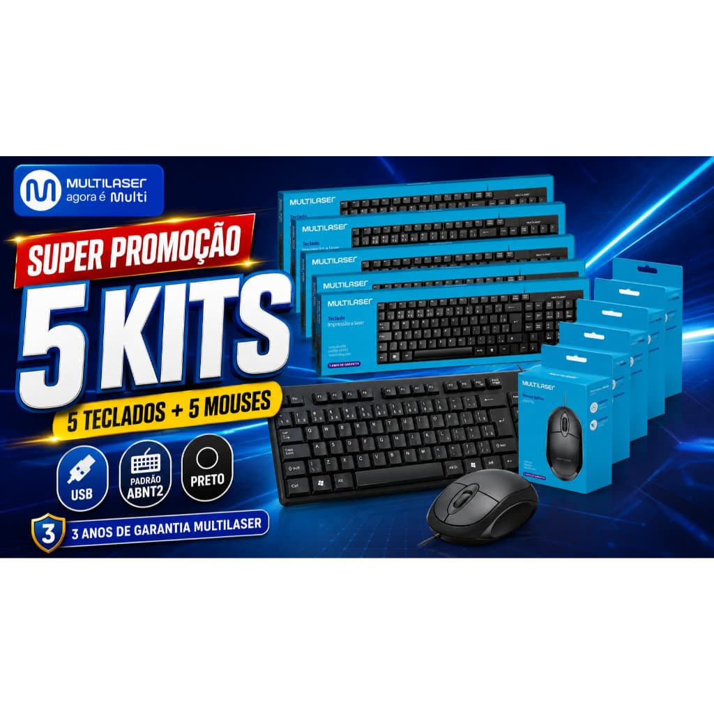 KIT TECLADO E MOUSE MULTILASER USB ABNT2 - 5 UNIDADES - PRETO COMPLETO - 3 ANOS DE GARANTIA