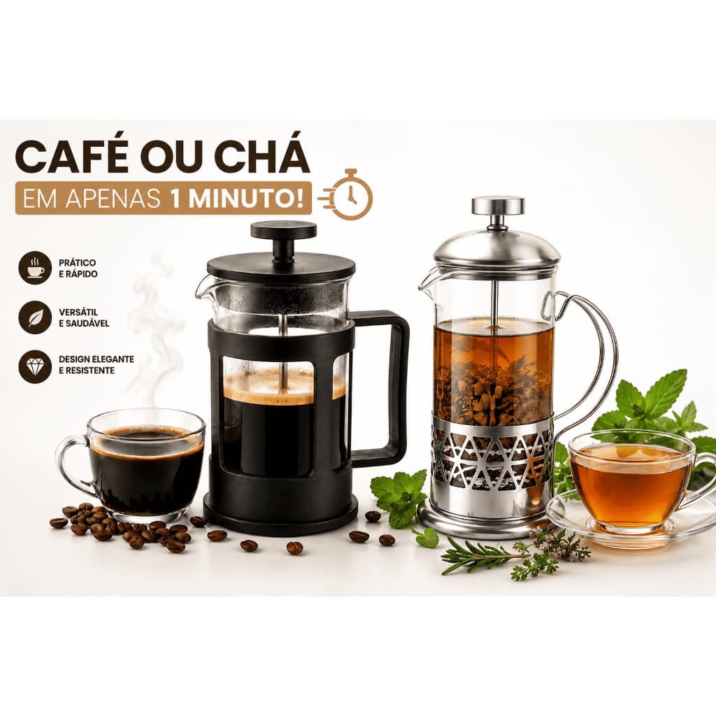 Cafeteira Prensa Francesa de Vidro 350ML Cremeira Inox Com Tampa Preta, Prata