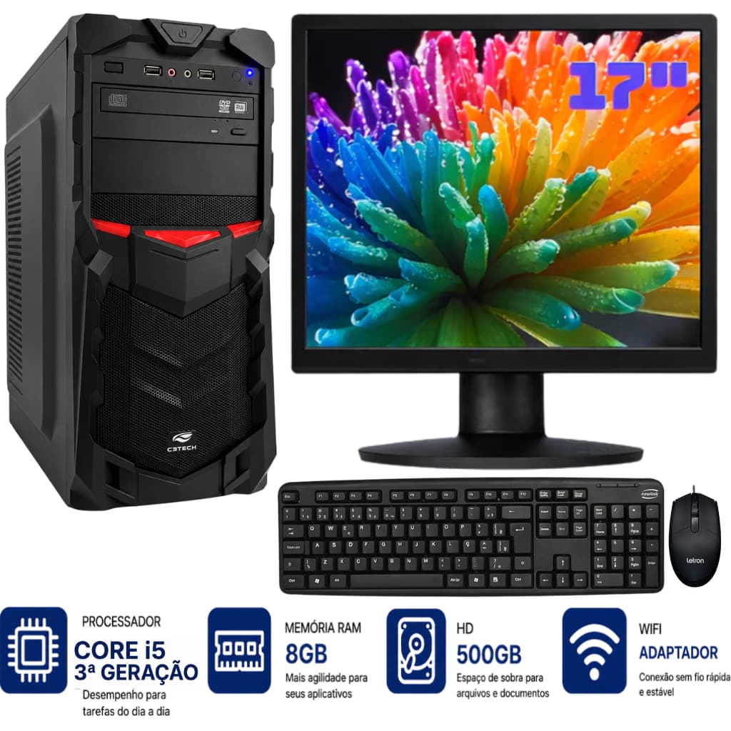 Computador Completo C3 Core i5 3ªgr 500gb HD 8GB Ram Tela 17" Teclado Mouse Wifi Trabalho Estudo