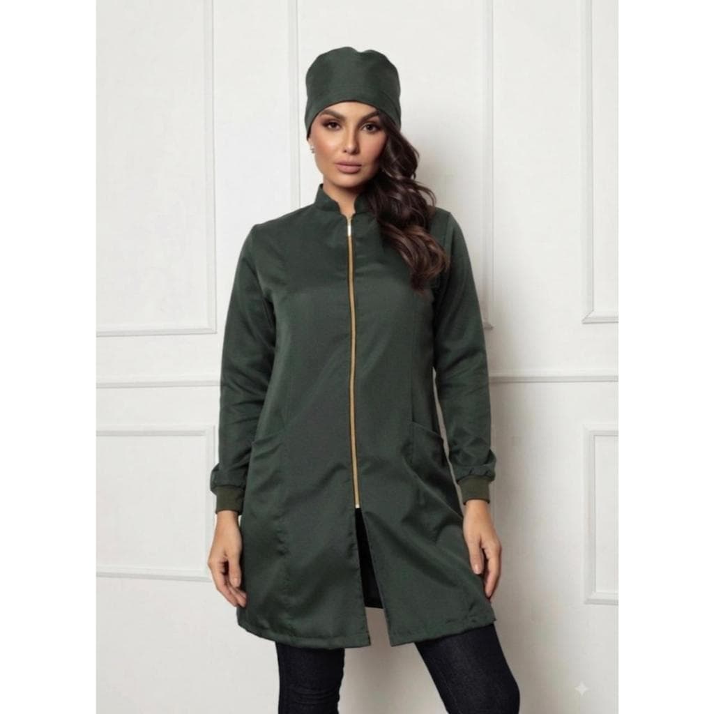 Jaleco Feminino com Zíper Nice + Gorro Verde Musgo Gardenia Jalecos