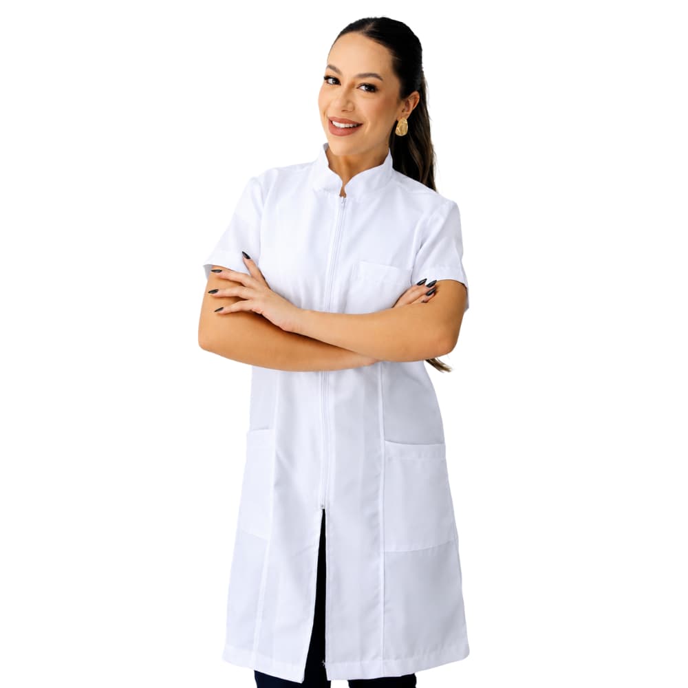 Jaleco Feminino Oxford Ziper, Branco, Manga Curta, Acinturado, Gola Padre