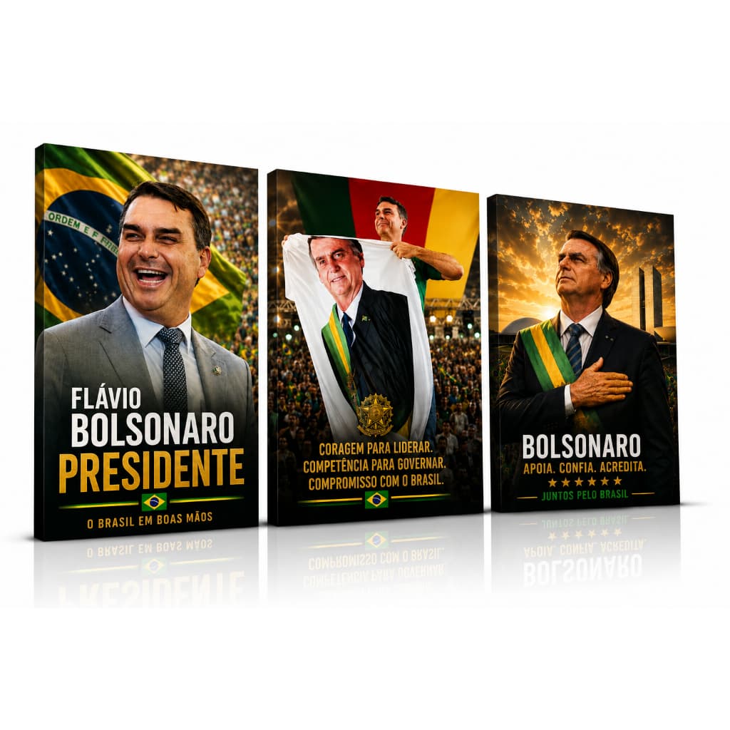 Kit 3 Quadros 120x60cm Jair Bolsonaro Flávio Bolsonaro Presidente Brasil Decoração Patriota