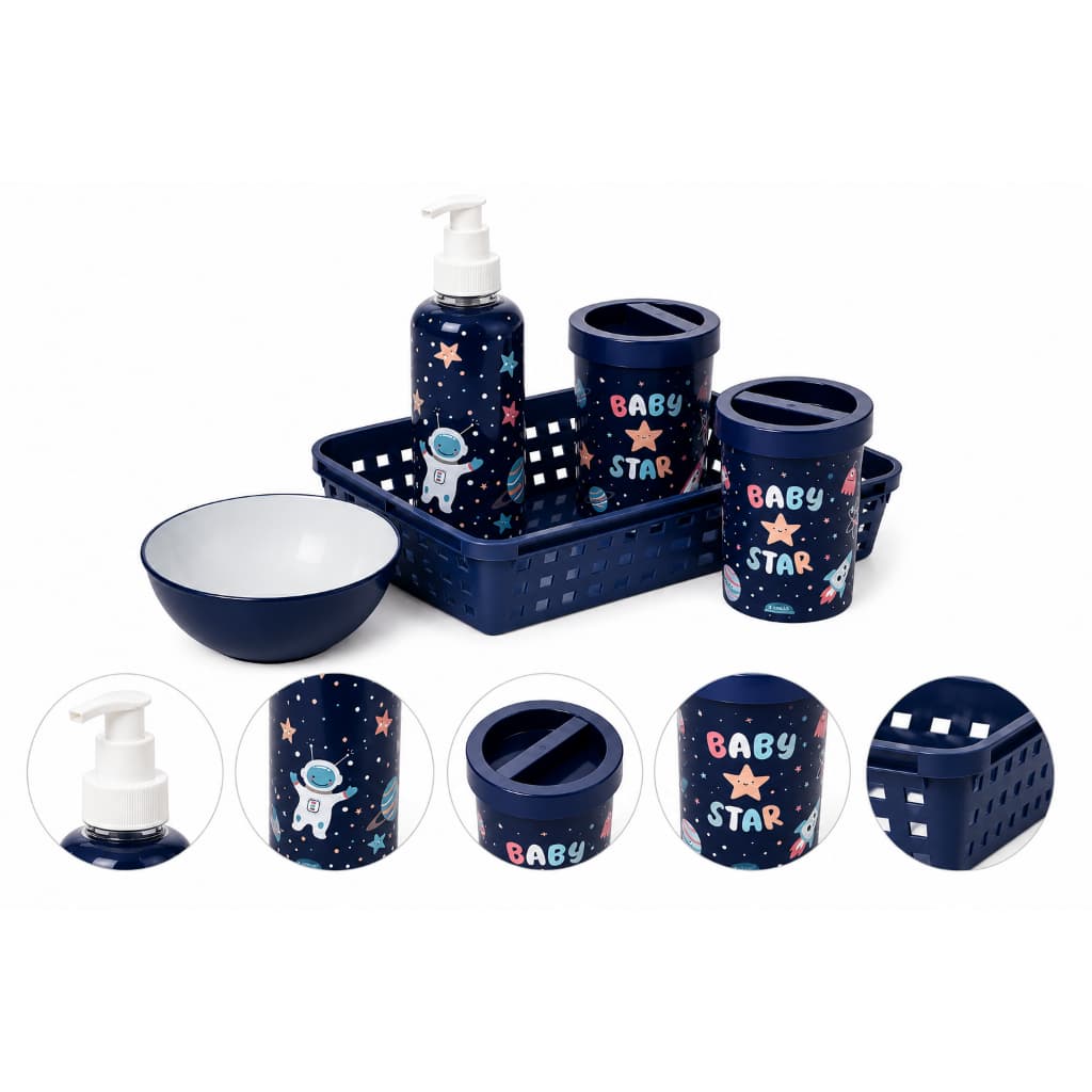Kit Higiene Bebê Azul Astronauta Plástico 5 Peças Menino Quarto Bebê Organização Decoração Cuidados Bebe Plasútil