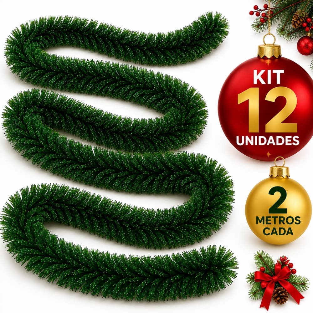 Kit 12 Festão Verde 24 Metros Enfeite De Natal Decoração Natalina Guirlanda Corda Fitilho Fita Ornamento Natal