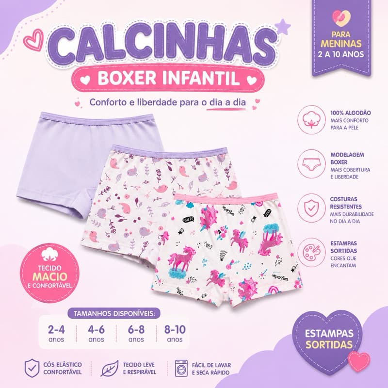 Kit até 10 Calcinhas Boxer Infantil Menina Microfibra Feminina Conforto Premium 2 a 10 Anos