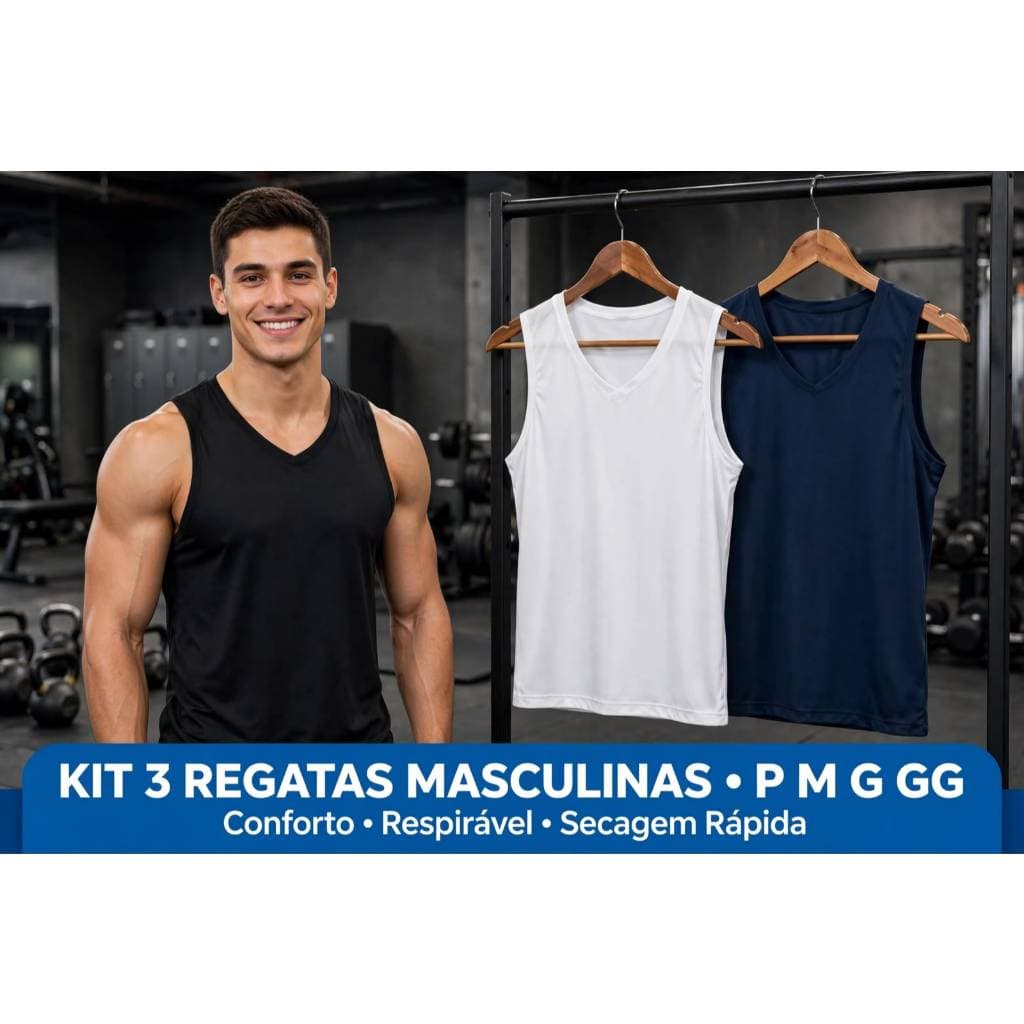 Kit 3 Regatas Dry Fit Masculina Academia Treino Dia a Dia
