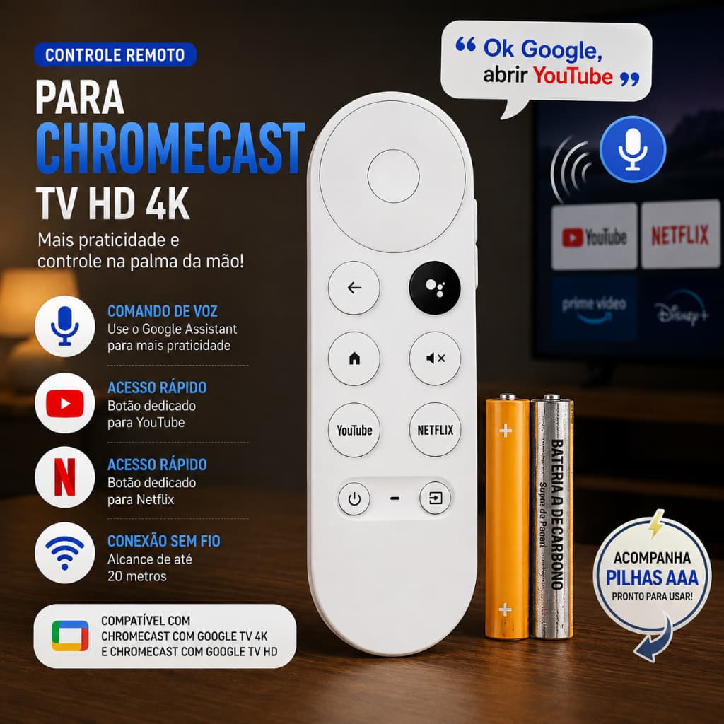 Controle Remoto para Chromecast Google TV 4K HD com Comando de Voz Atalhos Netflix YouTube